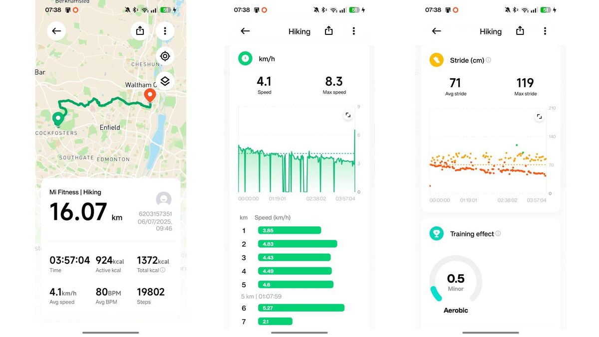 A screenshot showing a hike tracked on the Xiaomi Smart Band 10 via the Mi Fitness app.