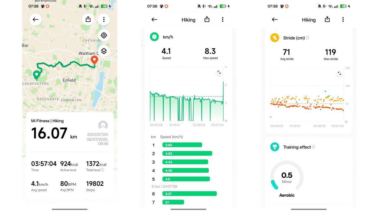 A screenshot showing a hike tracked on the Xiaomi Smart Band 10 via the Mi Fitness app.