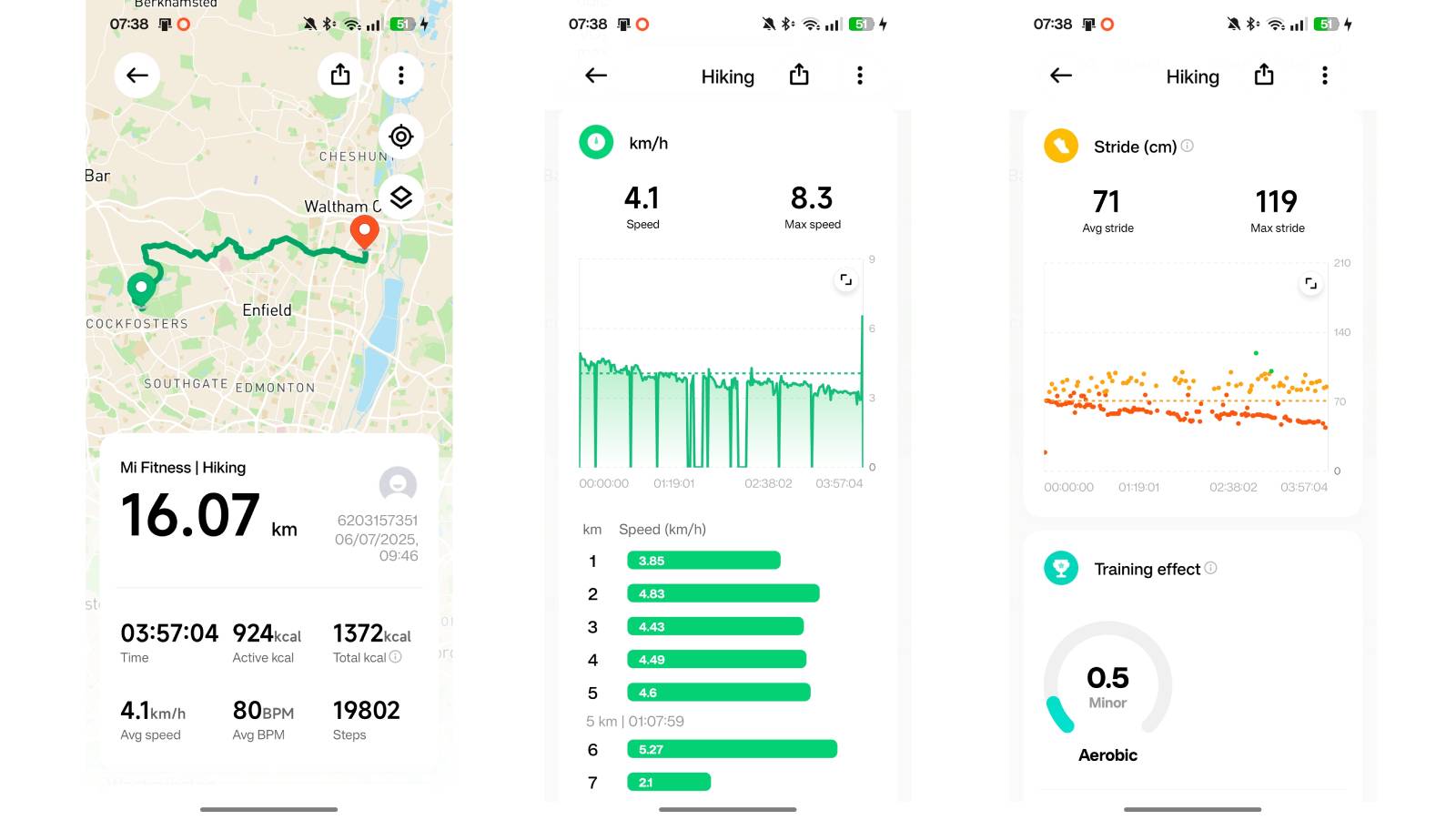 A screenshot showing a hike tracked on the Xiaomi Smart Band 10 via the Mi Fitness app.