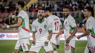 Oussama Lamlioui (2nd L) celebrates after scoring a goal during the African Nations Championship (CHAN) group stage football match between Democratic Republic of Congo and Morocco at Nyayo Stadium in Nairobi, on August 17, 2025.