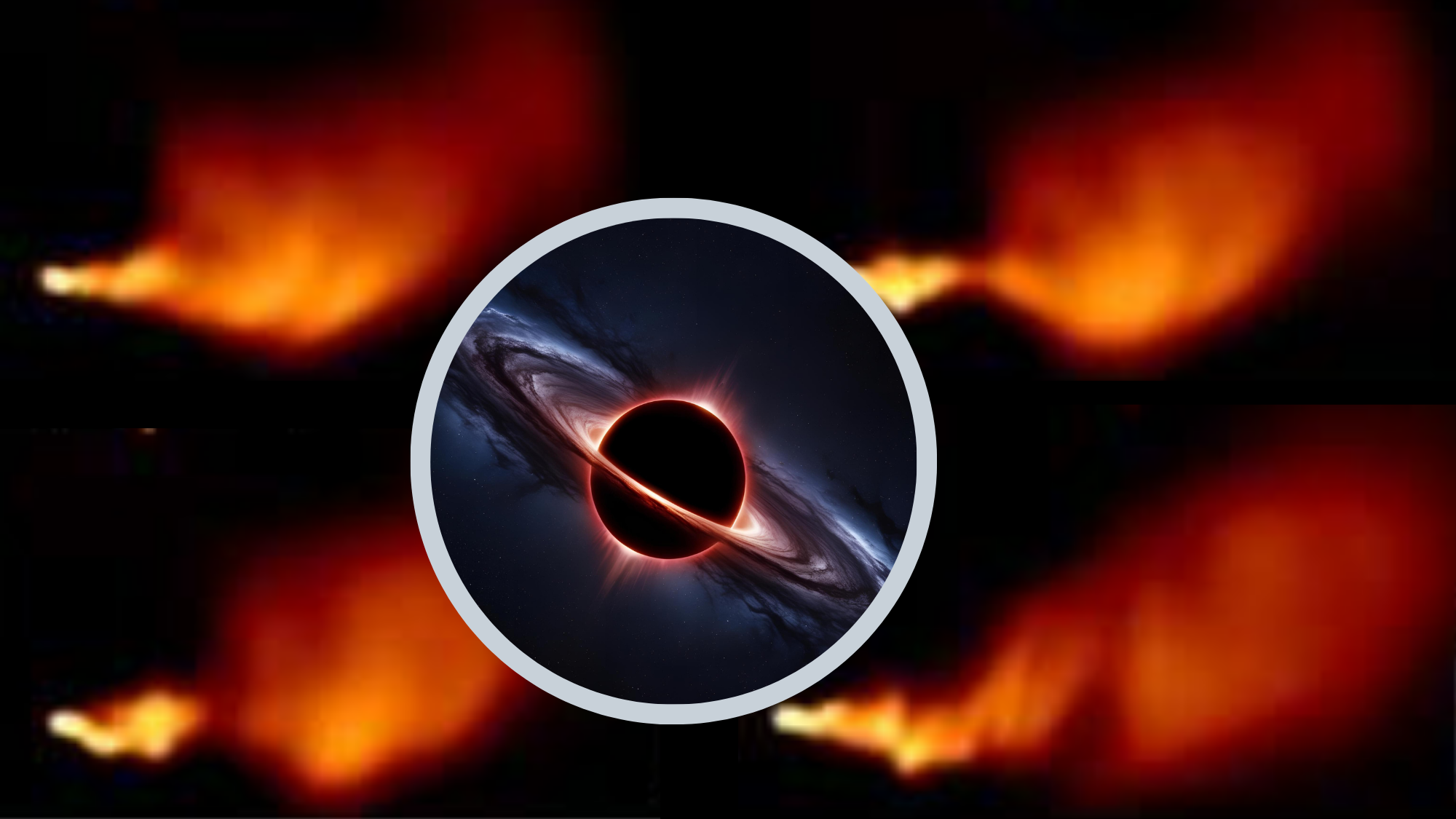 (Main) images of a a blazar jet as it flows through space (inset) an illustration of the supermassive black hole engine driving these events