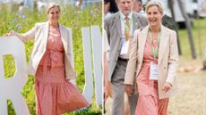 Composite of pictures of Duchess Sophie wearing a pink skirt and blouse co-ord with a white blazer and wedges at the Groundswell Agricultural Festival Show