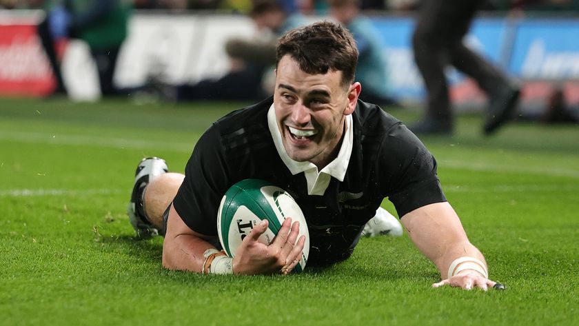 Will Jordan of New Zealand scores a try during the Autumn Nations Series 2025 match between Ireland and New Zealand All Blacks at Aviva Stadium on November 08, 2024 in Dublin, Ireland. 