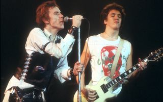 Johnny Rotten (left) and Steve Jones perform with the Sex Pistols at Winterland on January 14, 1978 in San Francisco, California