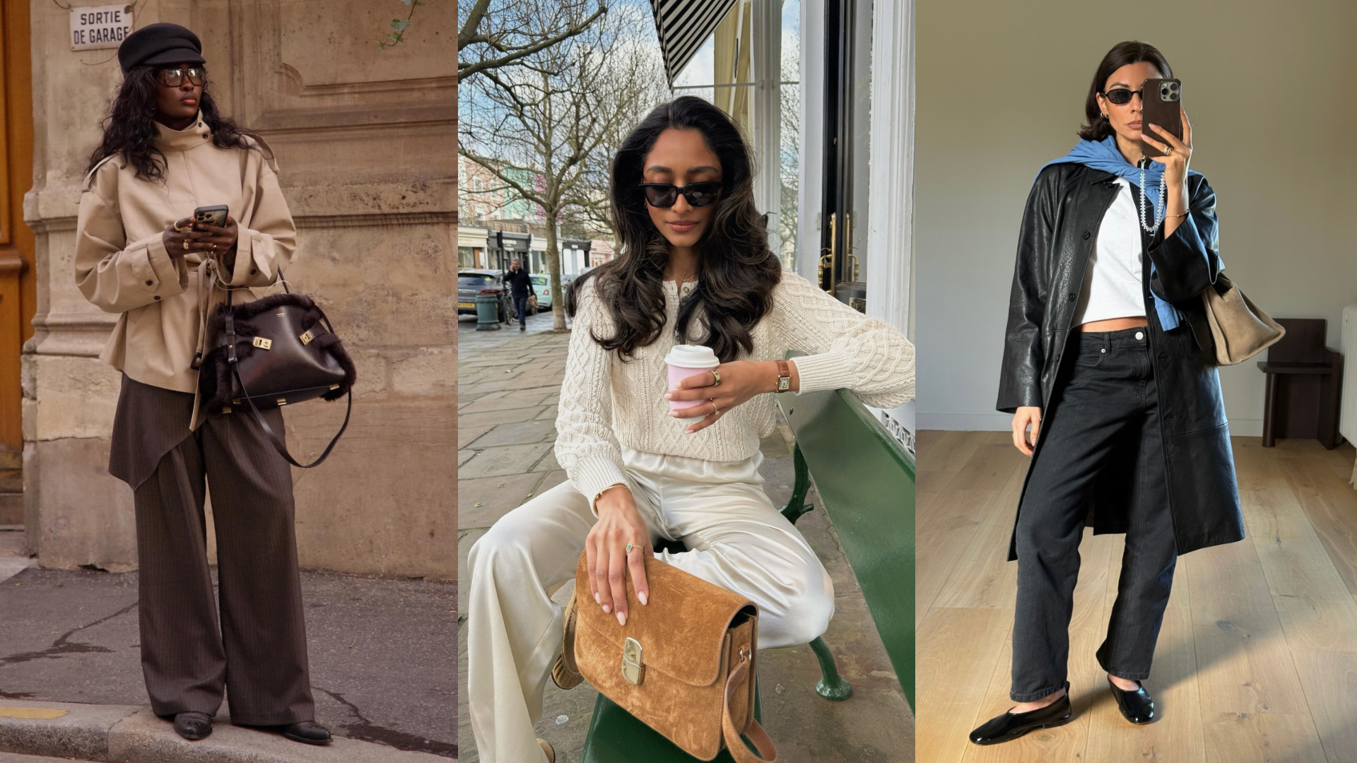 Three fashion people wear a transitional winter to spring outfits 2026.
