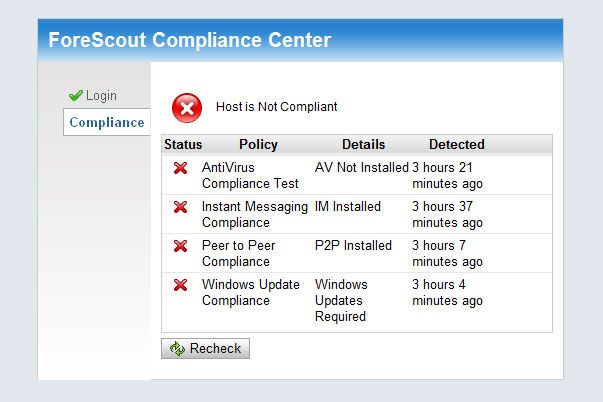 Clients that are not compliant with CounterACT policies can access a web page that lists the reasons and can offer remediatio