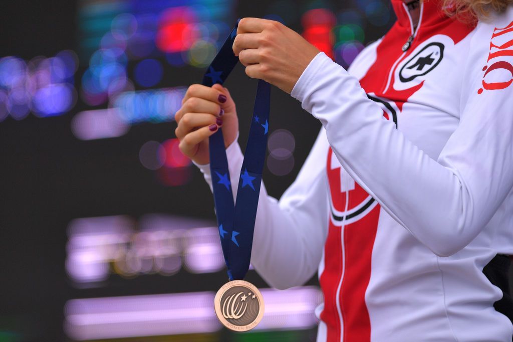 PLOUAY FRANCE AUGUST 24 Podium Marlen Reusser of Switzerland Bronze medal Celebration during the 26th UEC Road European Championships 2020 Womens Elite Individual Time Trial a 256km race from Plouay to Plouay ITT UECcycling EuroRoad20 on August 24 2020 in Plouay France Photo by Luc ClaessenGetty Images