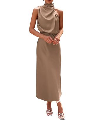 Prettygarden Women's 2024 Summer Satin Dress Elegant Sleeveless Mock Neck Cocktail Party Maxi Dresses (champagne,large)