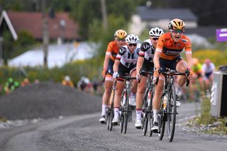 Megan Guarnier leading the Ladies Tour of Norway pack on the gravel