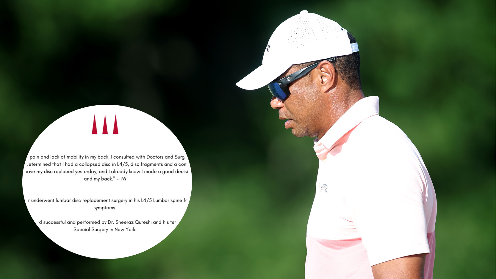 Main photo of Tiger Woods looking down while wearing sunglasses and an inset screenshot of Woods&#039; statement on his latest back surgery