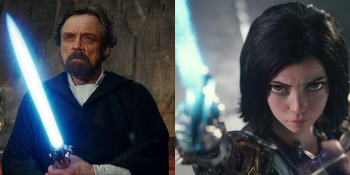 Luke Skywalker and Alita side by side, blades in hand