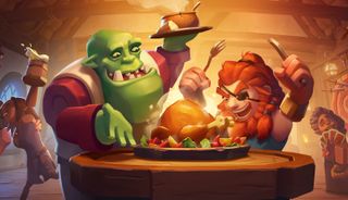 An orc and an adventurer having a meal in a fantasy tavern