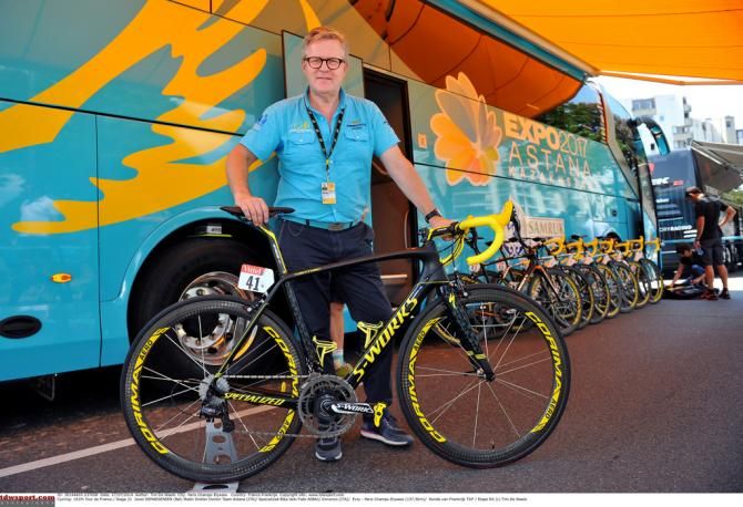 Astana team doctor Joost De Maeseneer poses with the custom yellow Specialized for Vincenzo Nibali
