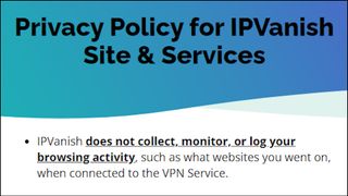 Skærmbillede af IPVanish privatlivspolitik