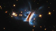This Hubble Space Telescope image shows the largest planet-forming disk ever observed around a young star. It spans nearly 400 billion miles &mdash; 40 times the diameter of our solar system. Tilted nearly edge-on as seen from Earth, the dark, dusty disk resembles a hamburger. Hubble reveals it to be unusually chaotic, with bright wisps of material extending far above and below the disk&mdash;more than seen in any similar circumstellar disk. 