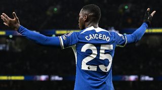 Moises Caicedo in action for Chelsea against Tottenham in November 2023.