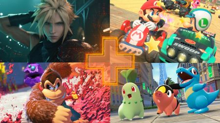 Four pictures of games from our selection of the best Switch 2 games list, showing Donkey Kong, Cloud from Final Fantasy, Mario and Luigi, and three starter Pokemon. 