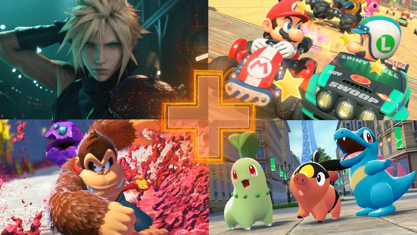 Four pictures of games from our selection of the best Switch 2 games list, showing Donkey Kong, Cloud from Final Fantasy, Mario and Luigi, and three starter Pokemon. 