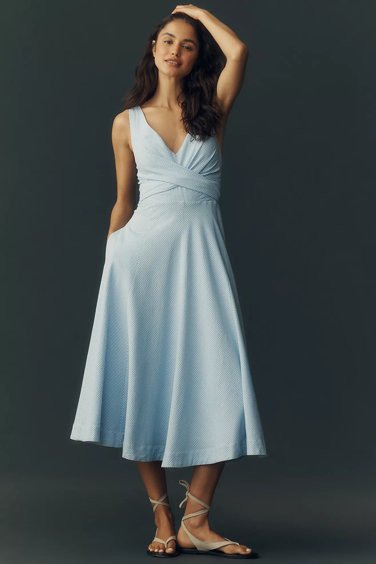 Maeve Sleeveless V Neck Seersucker Midi Dress