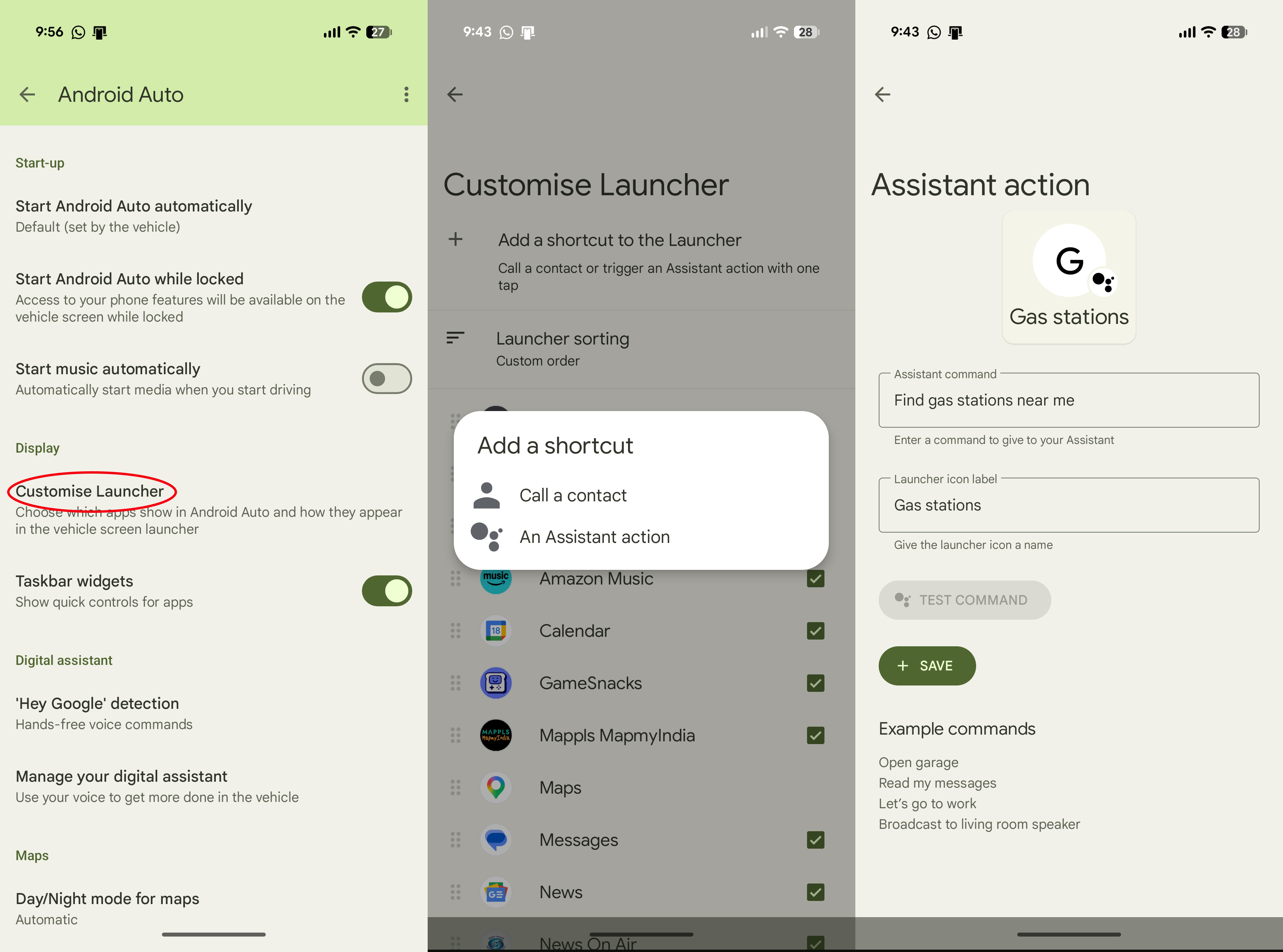 Custom shortcuts for contacts and assistive actions in Android Auto settings