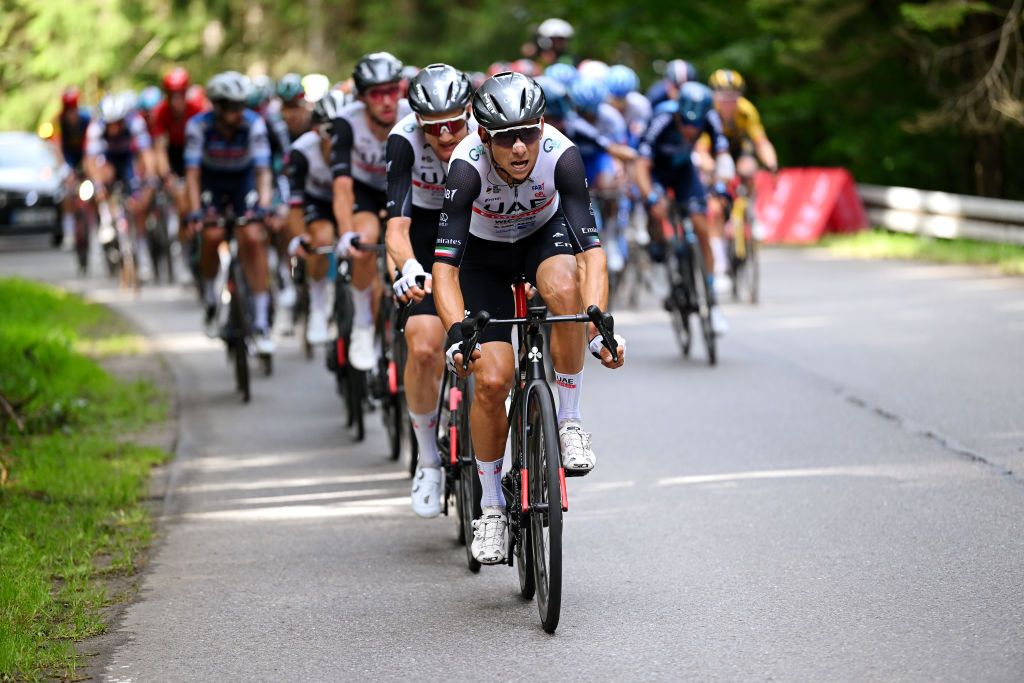 DUSZNIKIZDROJ POLAND JULY 31 LR Tim Wellens of Belgium and Joao Almeida of Portugal and UAE Team Emirates lead the peloton during the 80th Tour de Pologne 2023 Stage 3 a 1623km stage from Walbrzych to DusznikiZdroj 668m UCIWT on July 31 2023 in DusznikiZdroj Poland Photo by Dario BelingheriGetty Images