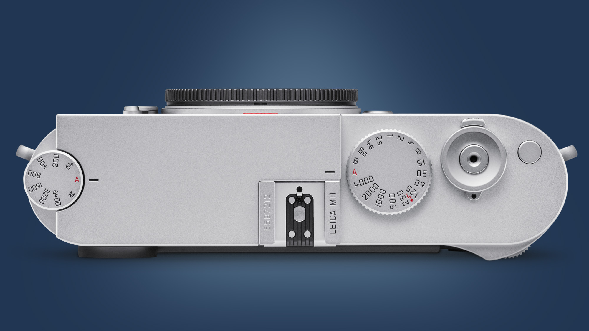 The top plate of the Leica M11 camera on a blue background