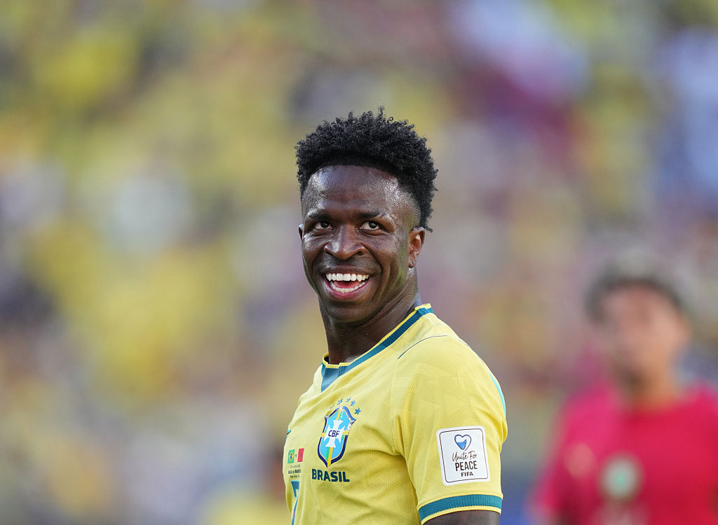 Brazil's Vinicius Junior celebrates his goal against Morocco