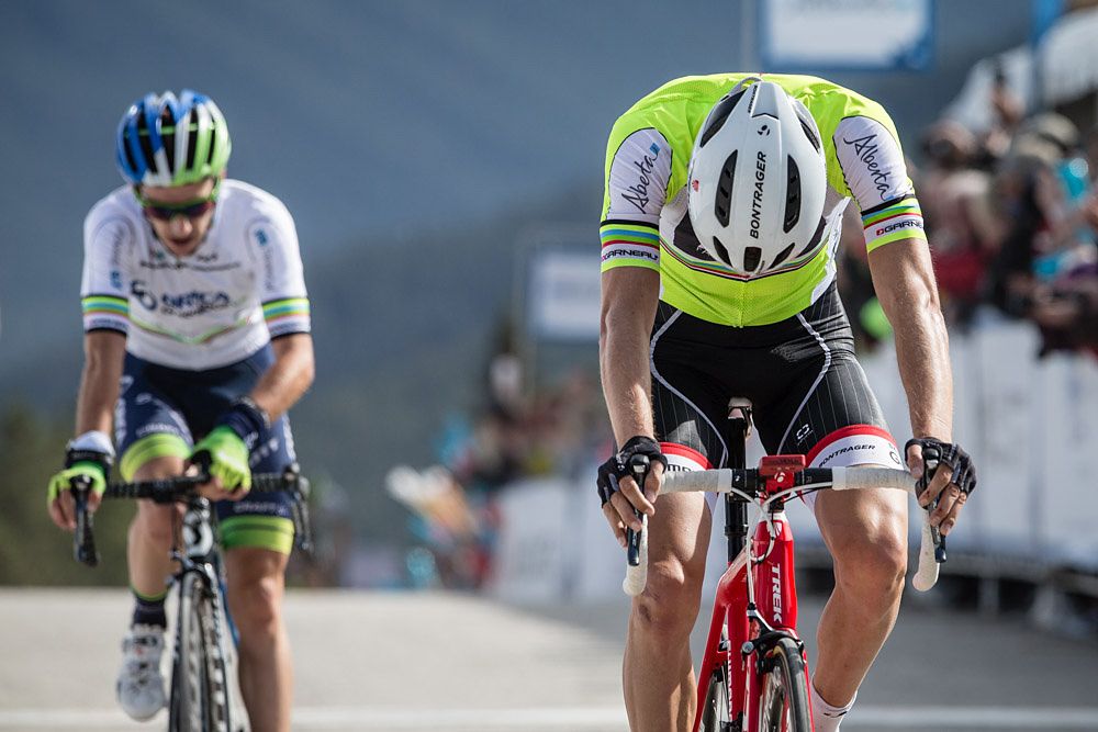 Bauke Mollema (Trek) drops his head after crossing the line in second