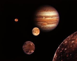 Jupiter and its four planet-size moons, called the Galilean satellites, were photographed in 1998 by Voyager 1 and assembled into this collage.