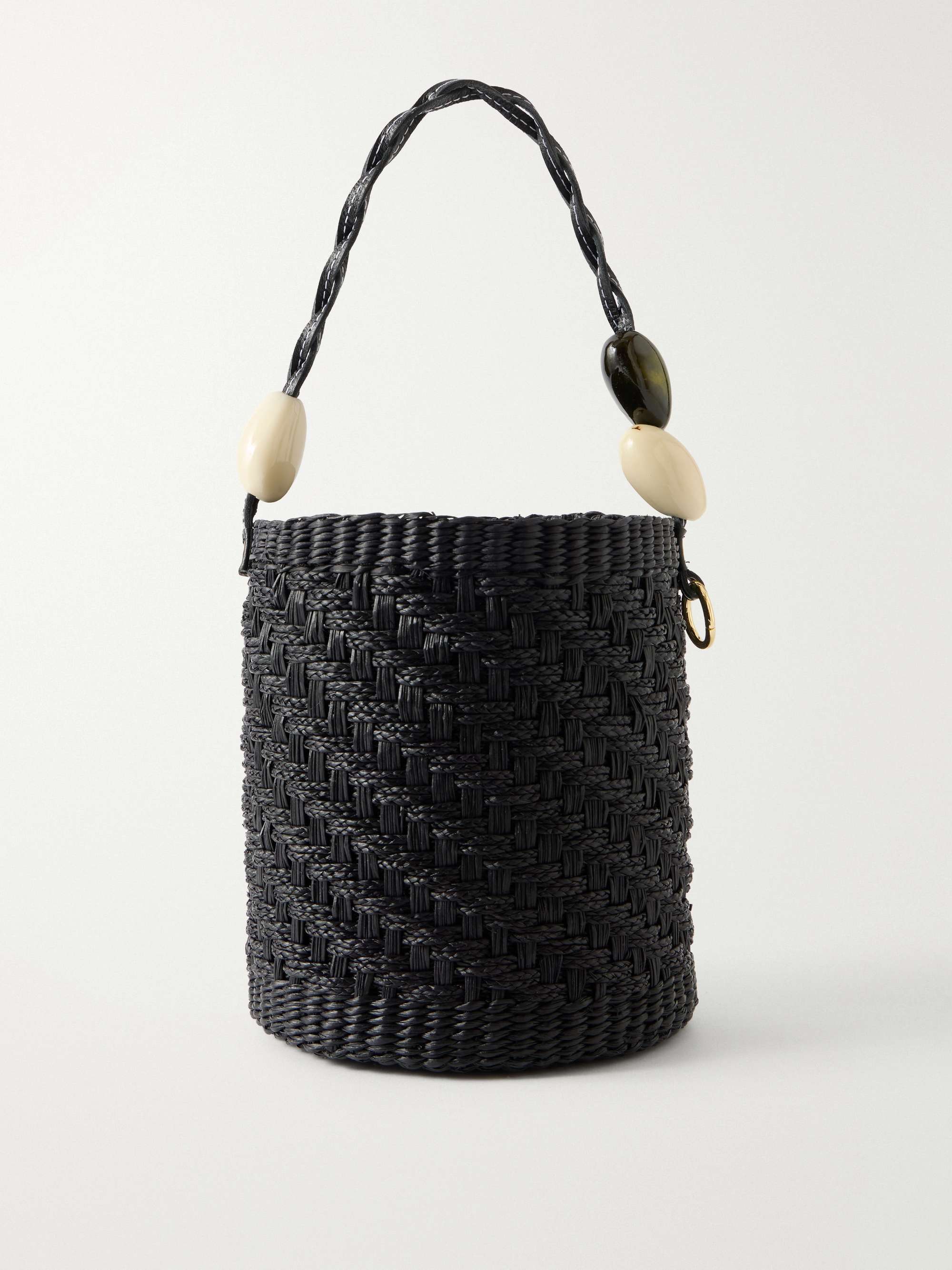 Embellished Leather-Trimmed Straw Bucket Bag