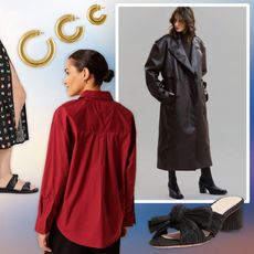 Collage of skirt, earrings, and leather trench coat