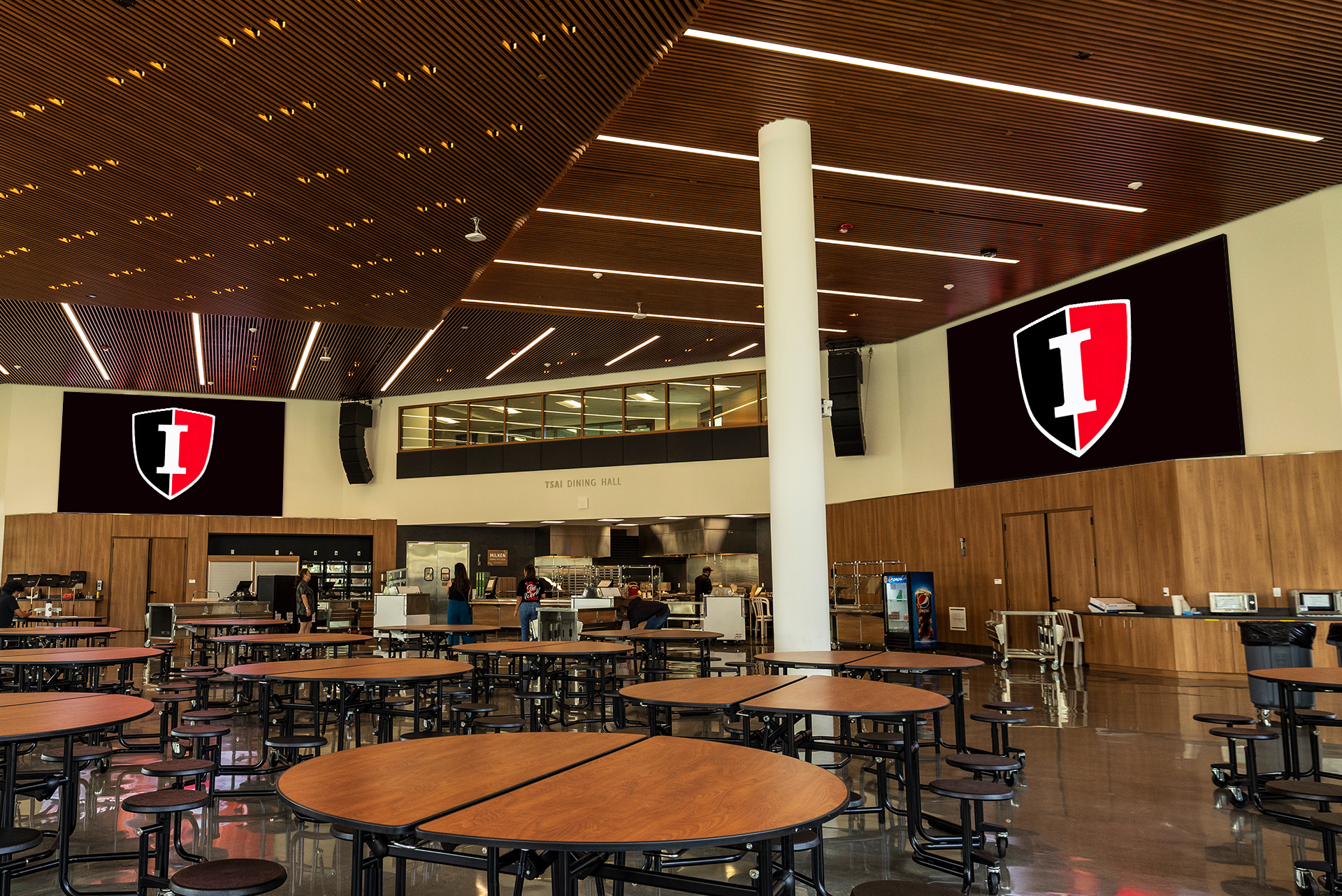 Mounted high in the dining hall are two 16-foot-wide-by-12-foot-high Planar DirectLight Essential Series LED video walls with 1.5mm pixel pitches.