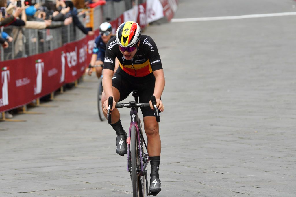 SIENA ITALY MARCH 05 Lotte Kopecky of Belgium and Team SD Worx celebrates winning during the Eroica 8th Strade Bianche 2022 Womens Elite a 136km one day race from Siena to Siena Piazza del Campo 321m StradeBianche on March 05 2022 in Siena Italy Photo by Luc ClaessenGetty Images