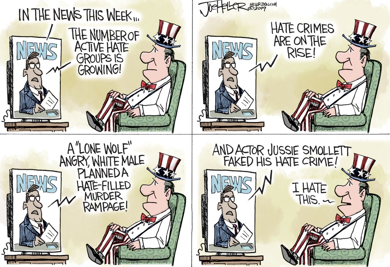 Political Cartoon U.S. Hate crime news media Jussie Smollett