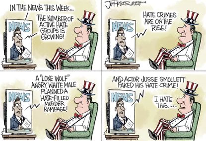 Political Cartoon U.S. Hate crime news media Jussie Smollett