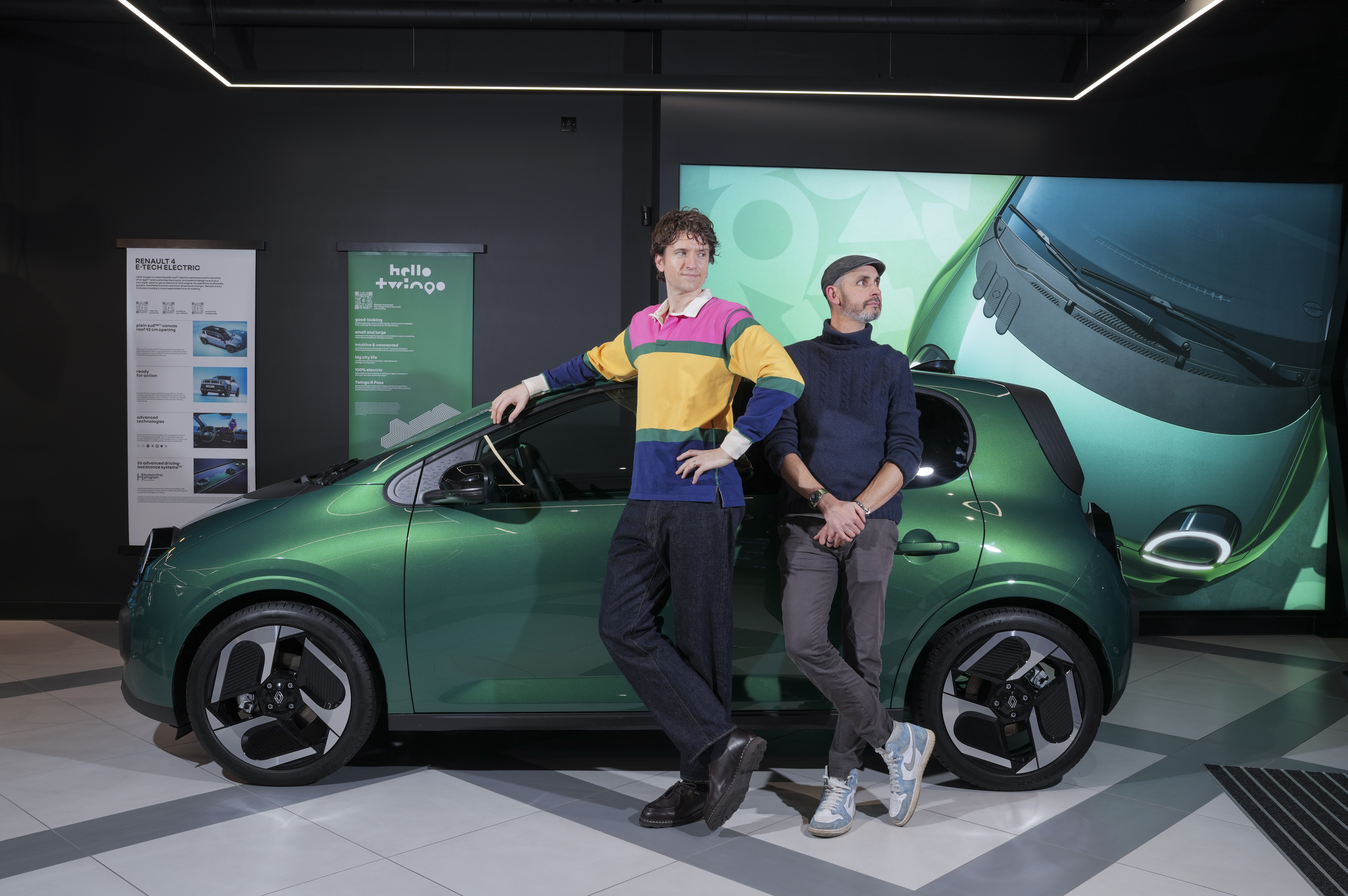 an image of Greg James and Jonny Smith posing next to the Renault Twingo