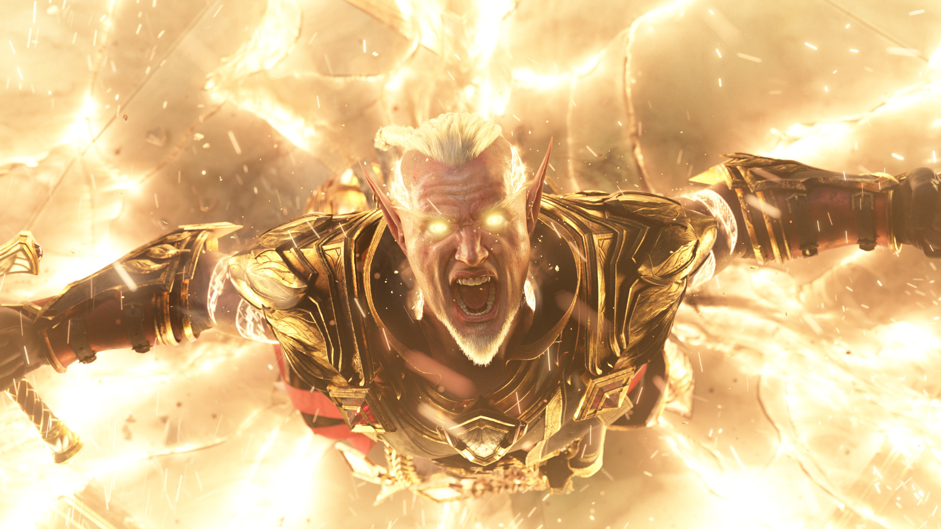 Lor'themar Theron screams at the sky as he's enveloped in a glowing gold aura smugly grins in the World of Warcraft: Midnight cinematic 'Immolation'