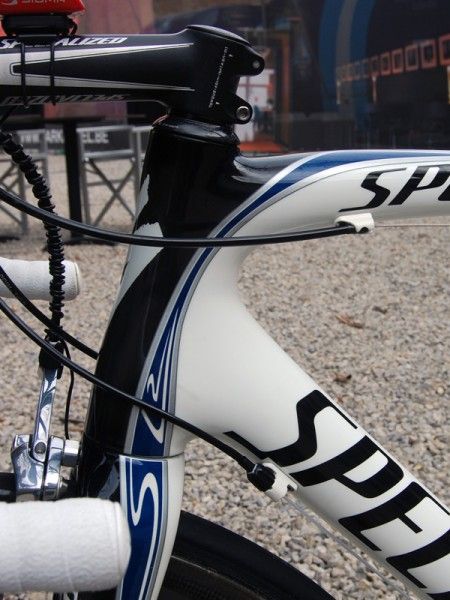 One of the Tarmac SL2's distinctive features is its tapered head tube, which is also slightly shorter on Cancellara's 'Pro' version geometry.