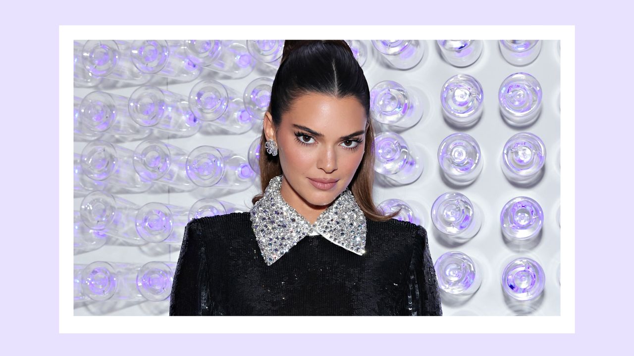 Kendall Jenner pictured wearing a black sequin bodysuit at The 2023 Met Gala Celebrating &quot;Karl Lagerfeld: A Line Of Beauty&quot; at The Metropolitan Museum of Art on May 01, 2023 in New York City/ in a purple template