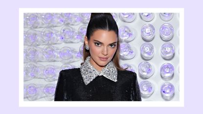 Kendall Jenner pictured wearing a black sequin bodysuit at The 2023 Met Gala Celebrating "Karl Lagerfeld: A Line Of Beauty" at The Metropolitan Museum of Art on May 01, 2023 in New York City/ in a purple template