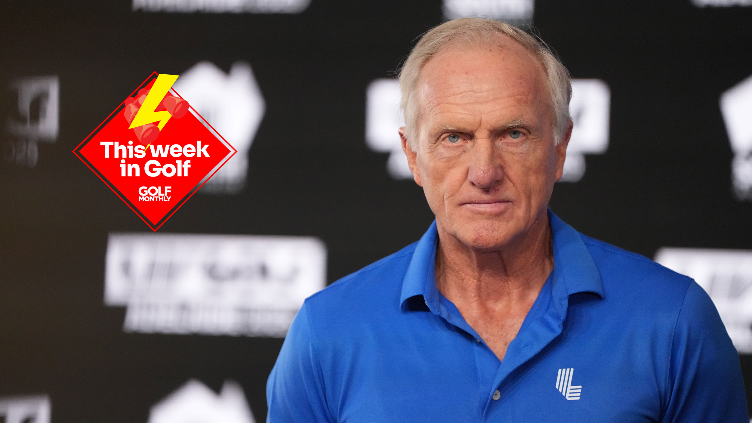 Greg Norman looks on with a stern expression while wearing a blue LIV Golf polo in 2025, with the This Week In Golf sticker (top left)