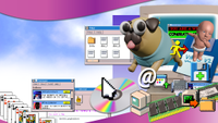 An old-school computer screen with a dog mascot and chatroom symbols