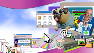 An old-school computer screen with a dog mascot and chatroom symbols