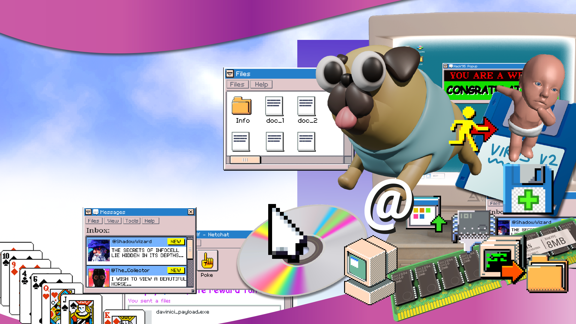 An old-school computer screen with a dog mascot and chatroom symbols