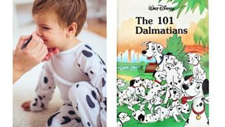 World book day illustrated by Image of boy in white top with black spots next to 101 Dalmations book