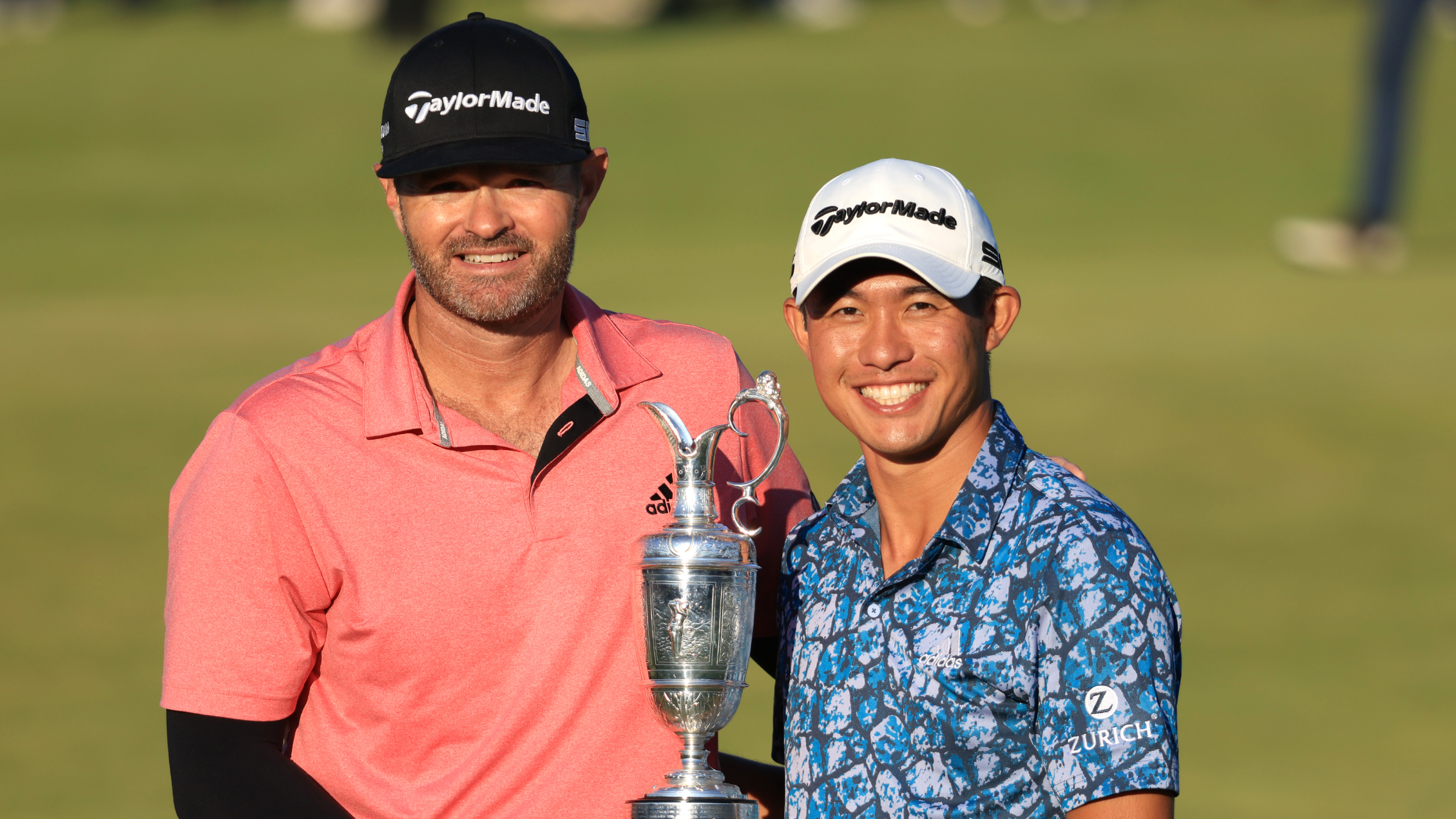 JJ Jakovac and Collin Morikawa with the Claret Jug after his Open title