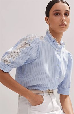 ME+EM Cotton Stripe Lace Detail Blouse