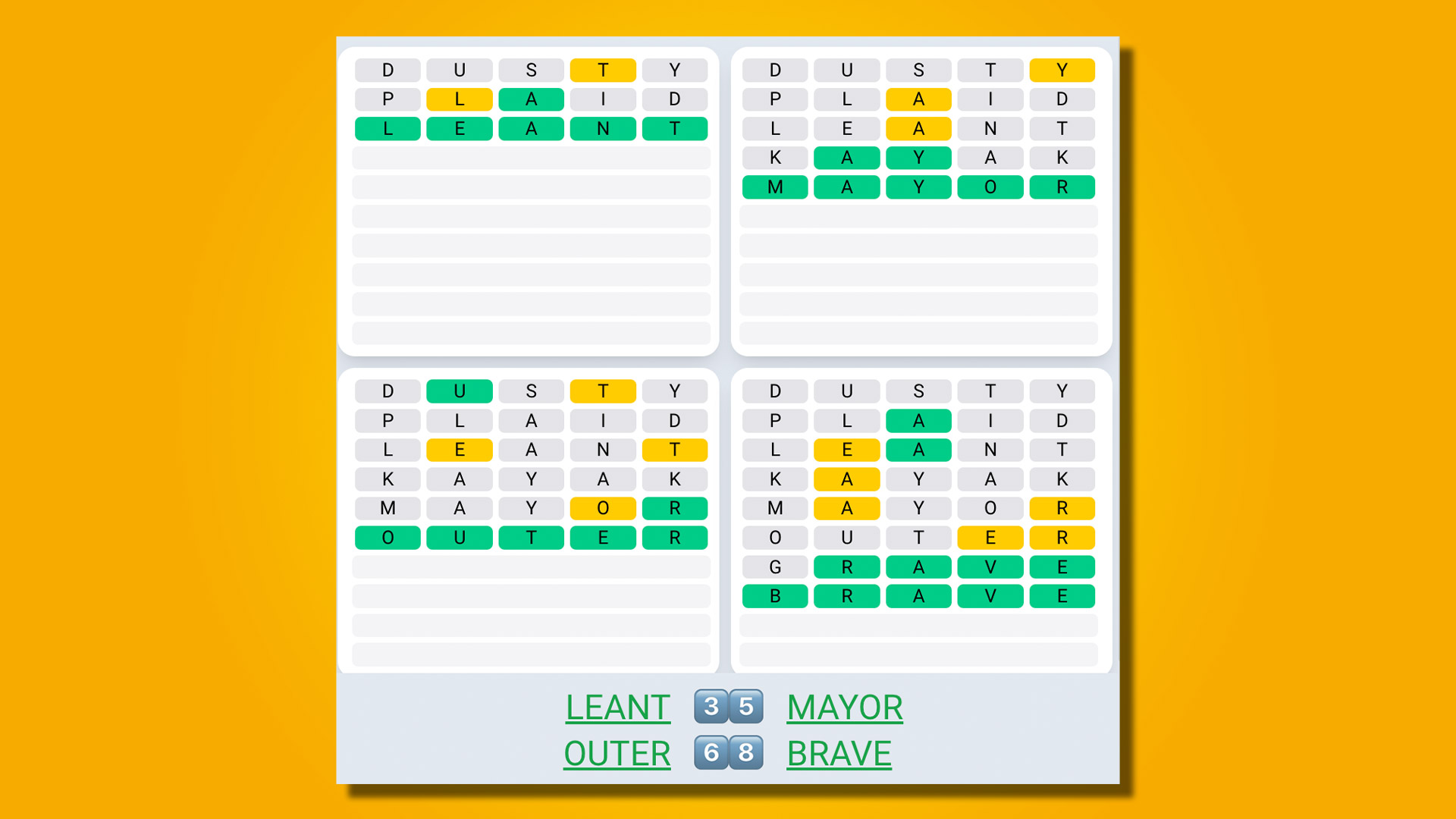 Quordle Daily Sequence answers for game 535 on a yellow background