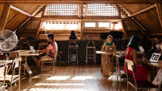 People working at desks in large and airy loft made from bamboo