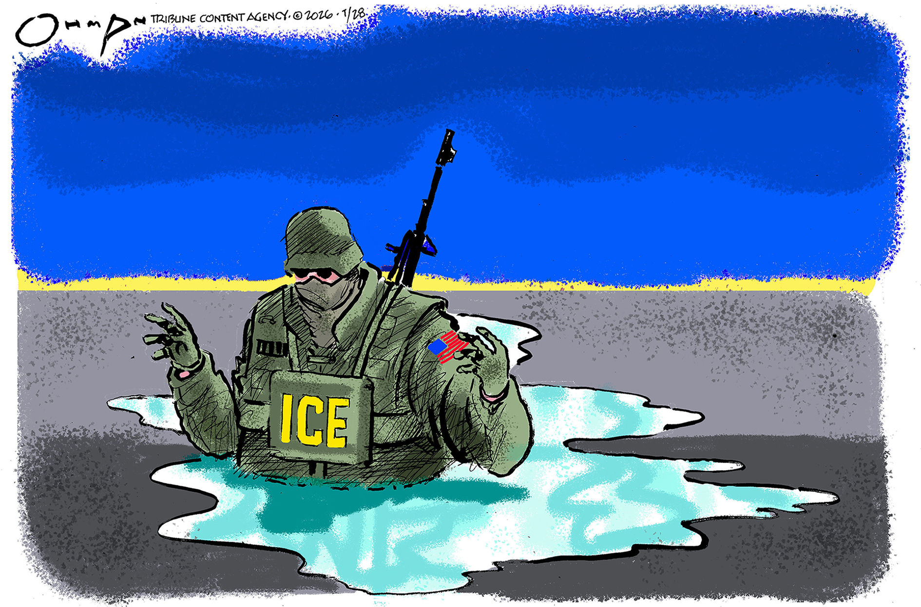 A masked, armed ICE agent is slowly sinking in water from a patch that has broken in an icy lake in this cartoon.